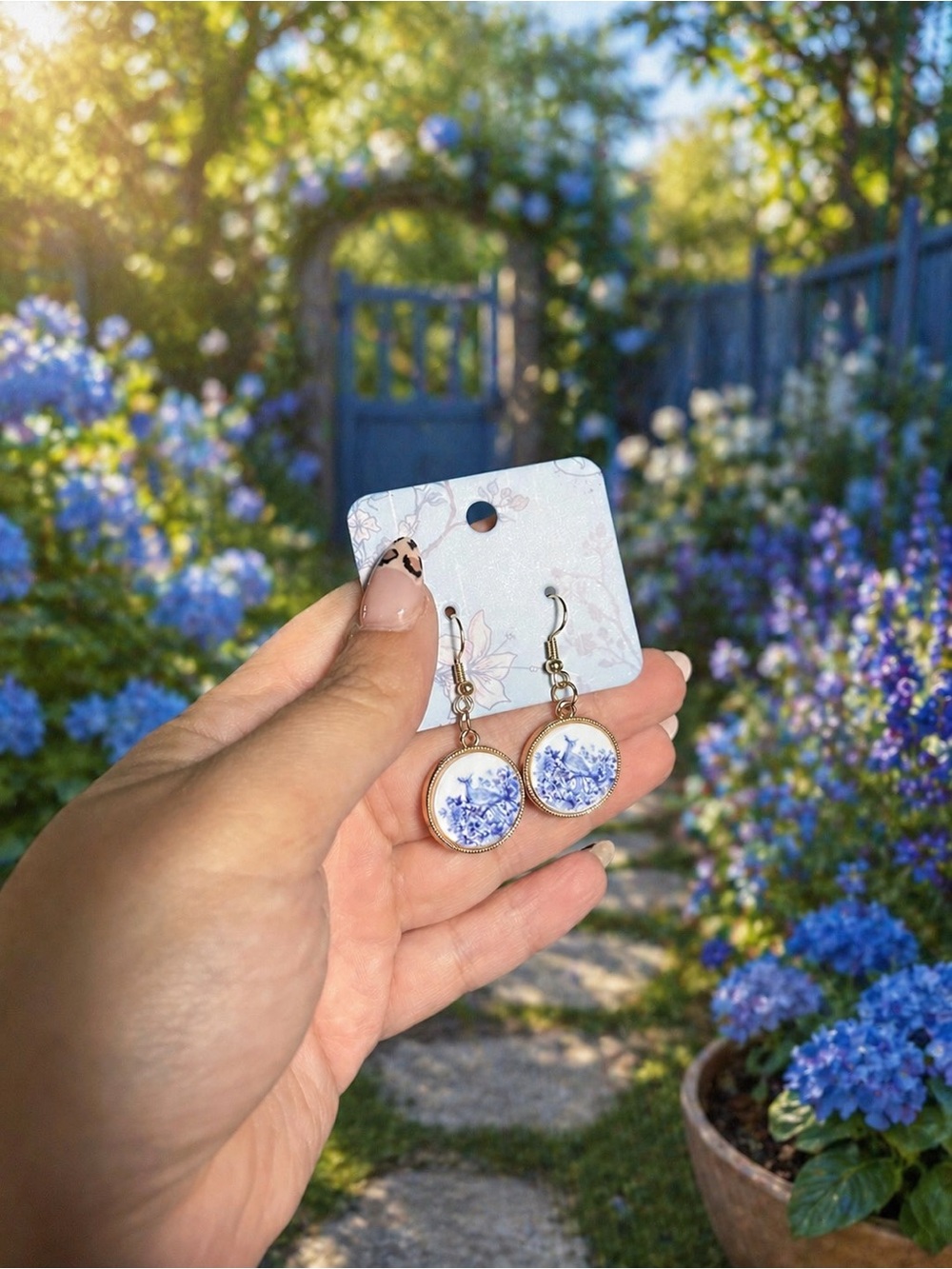 Gold Blue Porcelain Drop Earrings - Women Jewelry